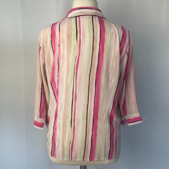 Dress Barn Blouse Plus Size 1X White Pink Green Stripe Button Long Sleeve Office - Picture 7 of 15